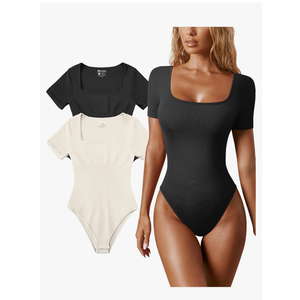 Women's 2 Piece Bodysuits Sexy Ribbed One Piece Square Neck Short Sleeve Bodysuits Size L