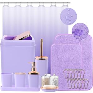 Bathroom Accessory SetBathroom Sets with Shower Curtain and Rugs, Non Slip Bathroom Rugs Super Absorbent, Light Purple Ombre Shower Curtain with Hooks, Lavender Bathroom Sets Complete for Home