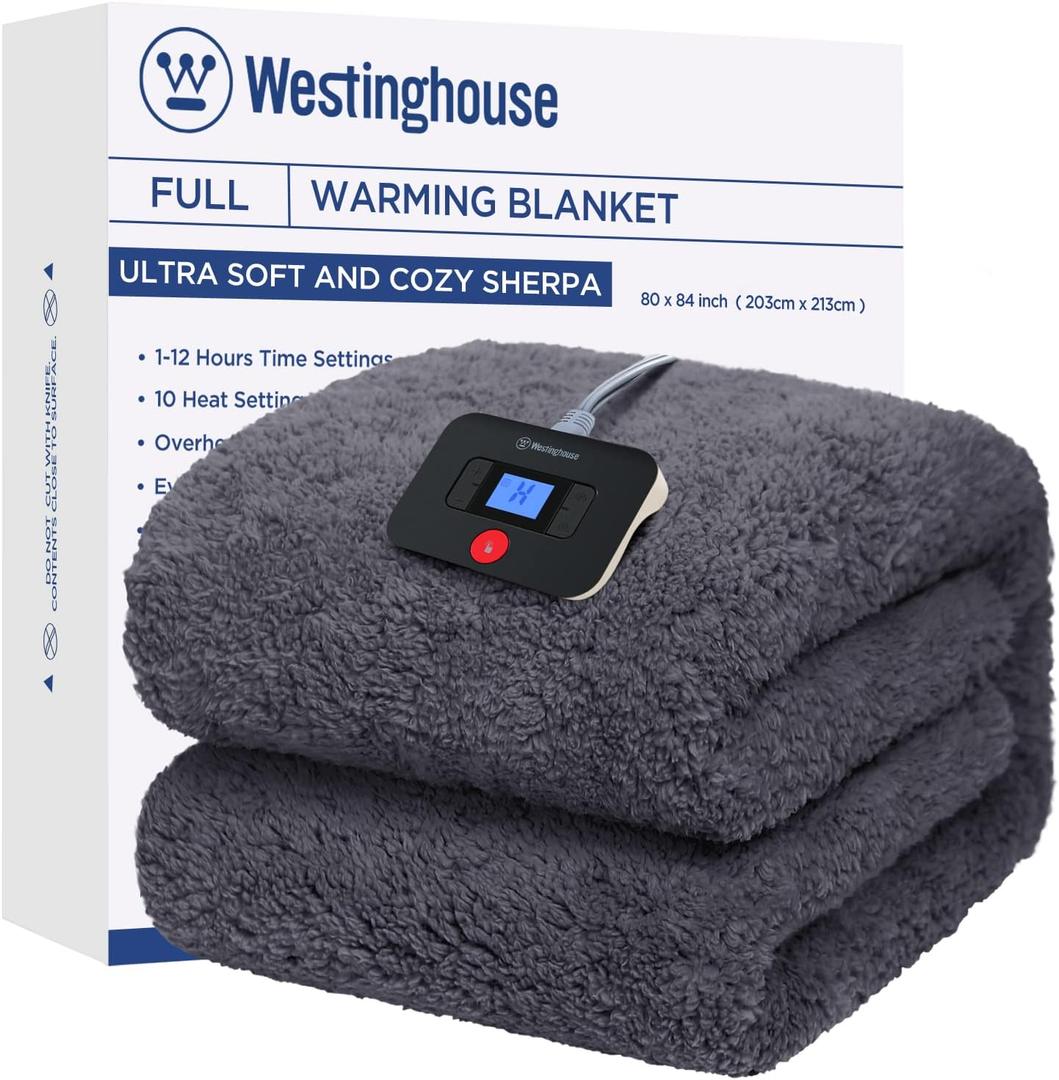 Westinghouse Electric Blanket Full Size, Soft Plush Sherpa Heated Blanket with 10 Heating Levels & 1-12 Hours Auto-Off, Machine Washable, 80x84 inches, Darkgrey