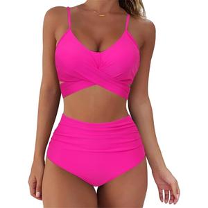 SUUKSESS Women High Waisted Bikini Criss Cross Swimsuits Push Up Bathing Suits(M, Hot Pink)