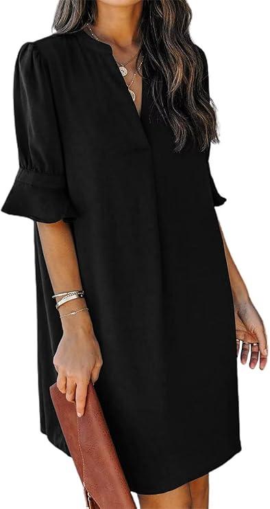 QACOHU Summer Dresses for Women V Neck Ruffle Short Sleeve Casual Shift Dress, M