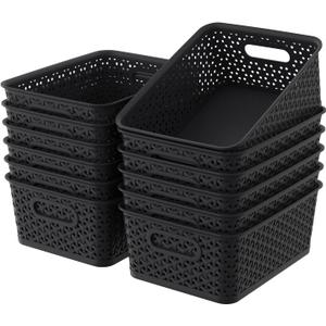 4 Packs Plastic Baskets with Handle, Woven Storage Organizer Bins for Home, Bathroom, Classrooms, Office, School, Black