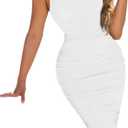 BEAGIMEG Women's Sexy Bodycon Sleeveless Backless Ruched Halter Neck Party Club Cocktail Midi Dress (Medium, White)