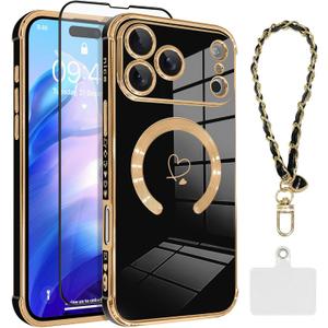 OOK Magnetic Phone Case iPhone 17 Pro Max 6.9 Inch [Compatible with MagSafe] Soft TPU Heart Phone Cover with Screen Protector Shockproof Protection Slim Case with Strap Lanyard for Women - Black