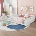 Full Size Floor Bed Frame with Slats and Safety Guardrail, Wood Full Size Montessori Floor Bed with Door and Fence, Easy Assemble Montessori Beds for Kids, Girls, Boys, White