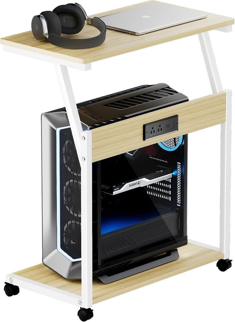 FANXIYQ Computer Tower Stand with Charging Station, Adjustable Height PC Tower Stand for Floor & Carpet, Rolling CPU Holder Cart with Top Shelf, Under Desk PC Cart, White