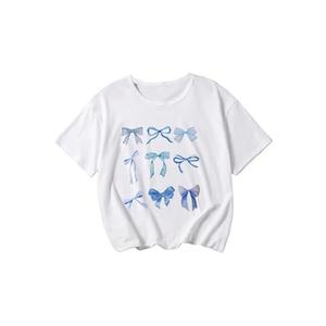 RoseSeek Girl's Bow Graphic Tees Crew Neck Short Sleeve Summer T Shirts Preppy Cute Clothes for Girls White 11Y