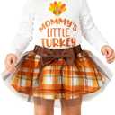 Toddler Baby Girls Thanksgiving Day Tulle Dress Mommys' Little Turkey Long Sleeve Party Skirt Set Outfit (White)