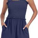 QIXING Women's Summer Casual Rompers Dressy Smocked Loose Comfy Short Jumpsuits Vacation Outfits With Pockets, Size: M