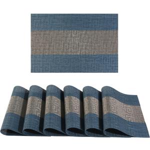 FAVE Placemats Set of 6 Indigo Blue Woven with Gray Placemats Durable and Wipeable Vinyl Placemat Set of 6 for Wedding, Banquet, Birthday, Party, Restaurant DecorationsIndigo Blue (12"x18"-6PCS)