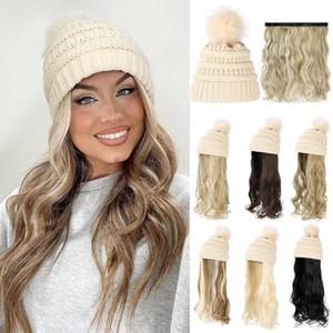 Lansigreen Hat Wig Beanie Hat with Hair Long Wavy Extensions Knit Pom Pom Hat Attached 20" Synthetic Removable Hairpiece for Women Winter Ginger Blonde Mix Bleach Blonde