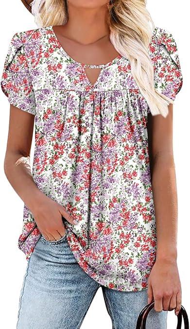 onlypuff Summer Tops for Women 2025 Cute Floral Blouses Dressy Casual Pleated Tshirts Shirts RedPurple Prints 2XL