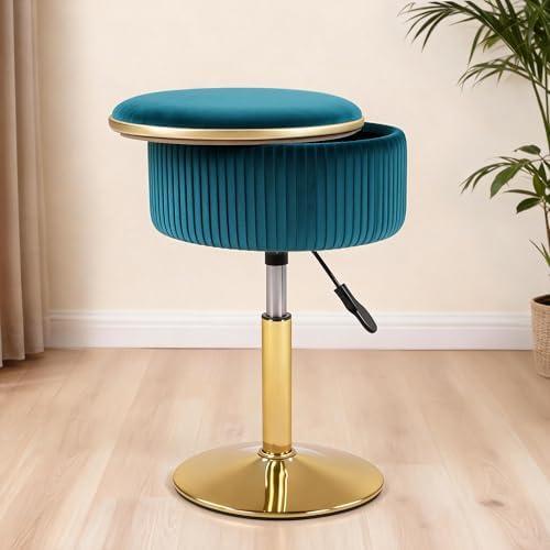 LITZFUR Adjustable Vanity Stool with Storage, 360° Swivel Gold Chair, Velvet Small Round Ottoman Footrest for Bathroom, Makeup Room, Blue
