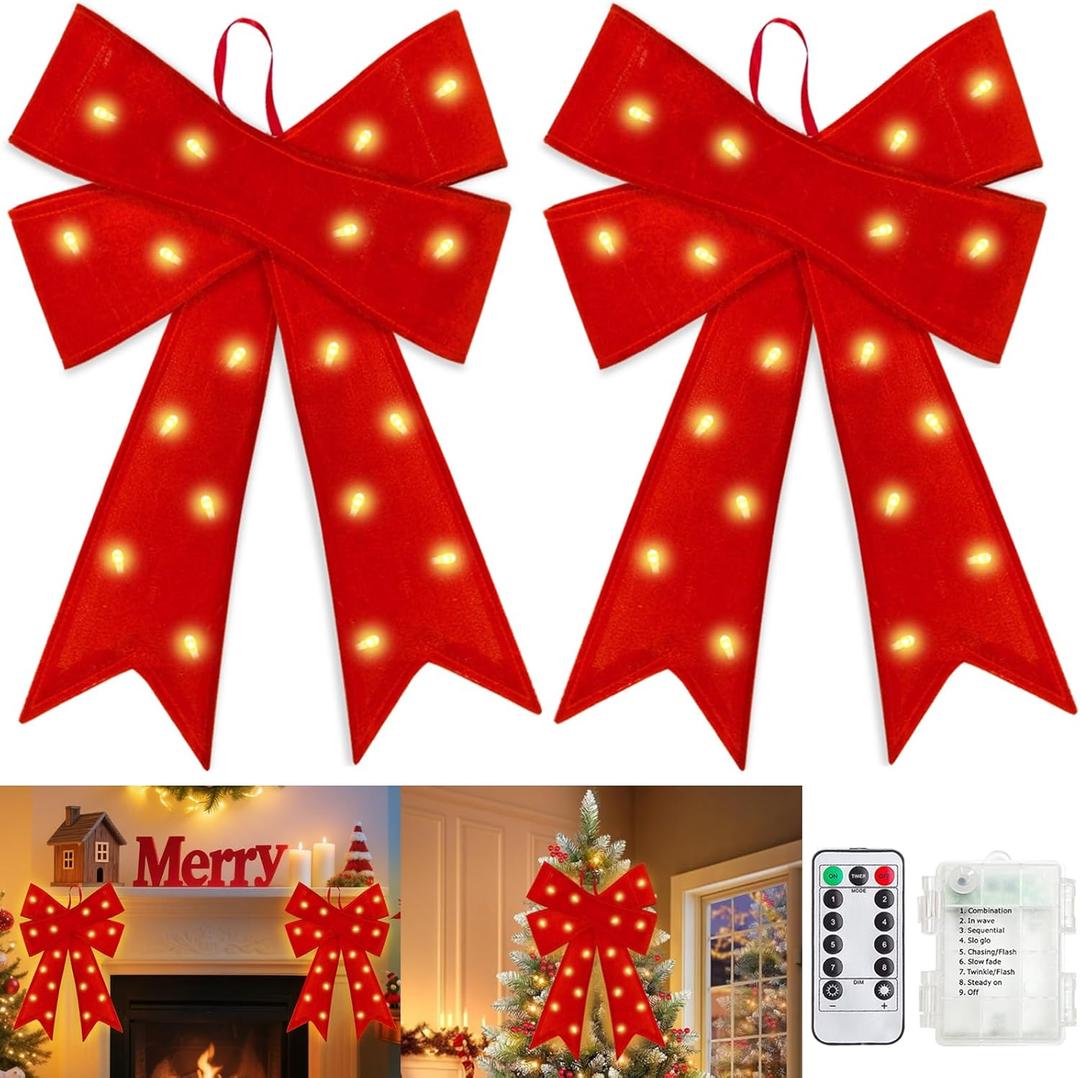 2 Pack 24'' x 14'' Large Prelit Christmas Bows with 20 Warm White Lights Remote 8 Modes Timer, Battery Operated Red Velvet Outdoor Bows for Christmas Tree Wreath Garland Tree Topper Home Decorations