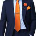 Solid Color Ties for Men Silk Satin Necktie and Pocket Square Cufflinks Tie Clip Lapel Pin Set Wedding Business 5PCS (Orange)