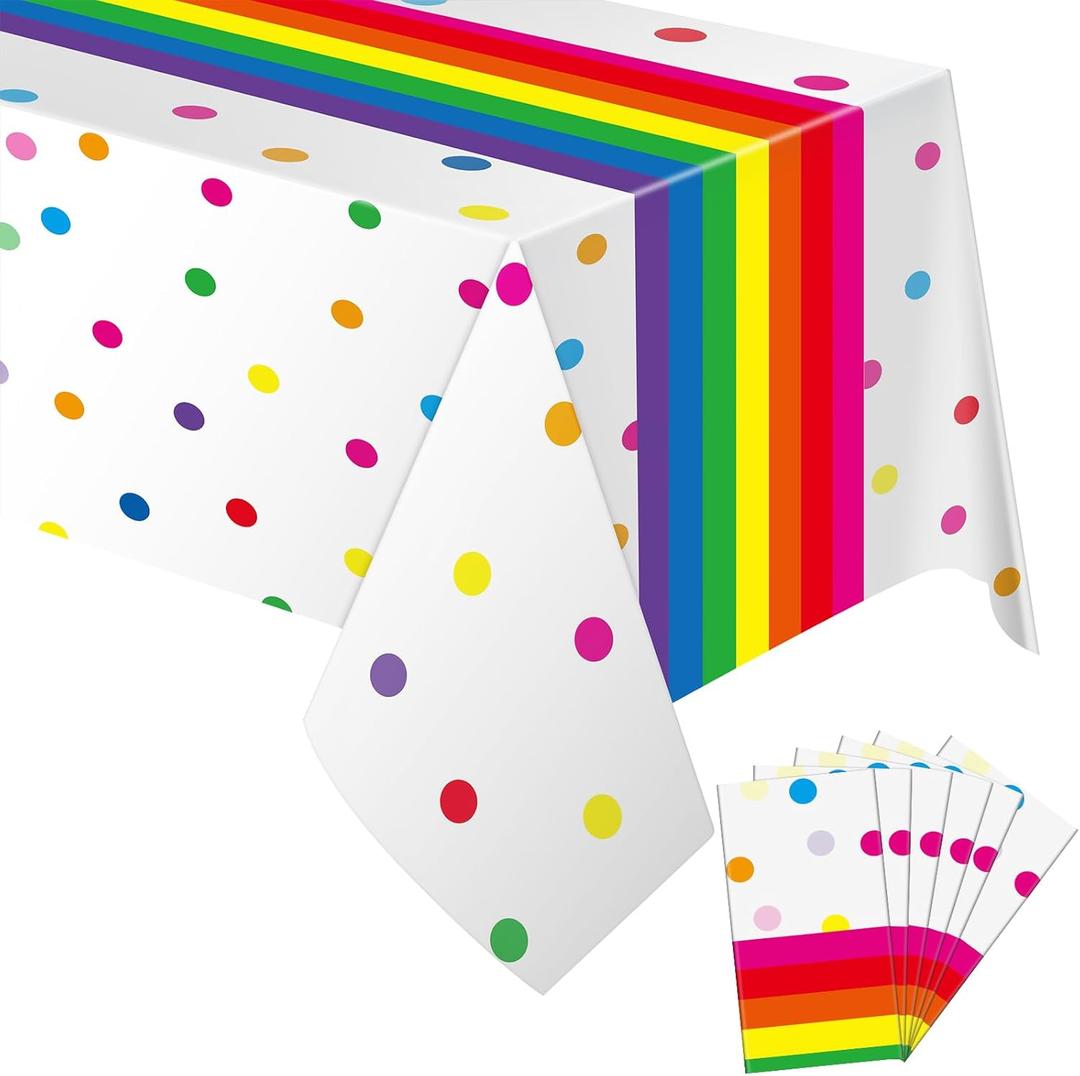 Irenare Rainbow Tablecloth Polka Dot Plastic Tablecloth Rainbow Party Supplies for Kid Happy Birthday Party Decorations Supplies, 54 x 108 Inch(6 Pcs) (Colorful)