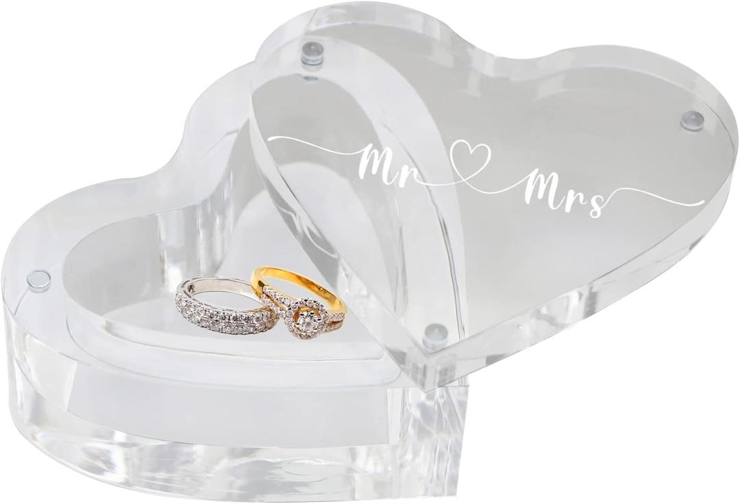 Engraved Wedding Ring Boxes for Ceremony Acrylic Ring Bearer Box for Wedding Proposal Engagement (Heart-Shaped B)