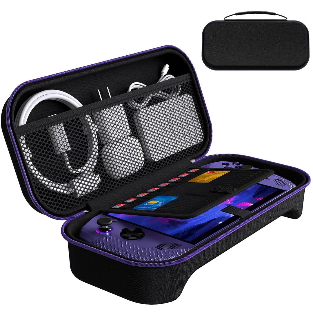 ivoler Carrying Case for lenovo legion go S 2025, Portable Hard Shell Pouch Travel Bag Built-in Gaming Charger Dock Storage, Holds 8 MicroSD and 2 Credit Sized Cards -Black+Purple (Legion GO S/ROG XBOX ALLY X)