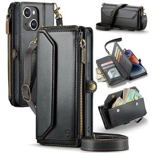 Strapurs Wallet Case Compatible with iPhone RFID Blocking 7-Card Holder Soft PU Leather Magnetic Snap Shoulder Strap Zipper Pocket Phone Case Fit for iPhone - Black