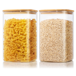 Extra Large Square Glass Flour & Sugar Storage Containers with Airtight Lids, 168 floz - 2 Pack Glass Jars with Bamboo Lids for Pantry, Air tight Food Storage Containers for Cereal, Pasta, Rice