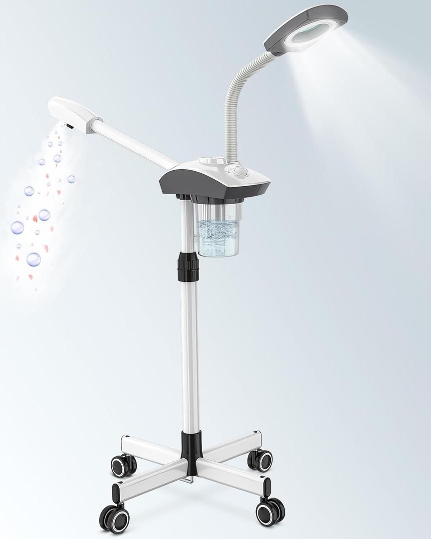 Professional 2-in-1 Facial Steamer with 5X Magnifying Lamp, Salon Grade Hot Mist Esthetician Device, Adjustable Timer, 2 Steam Levels, 3-Level LED Light, White
