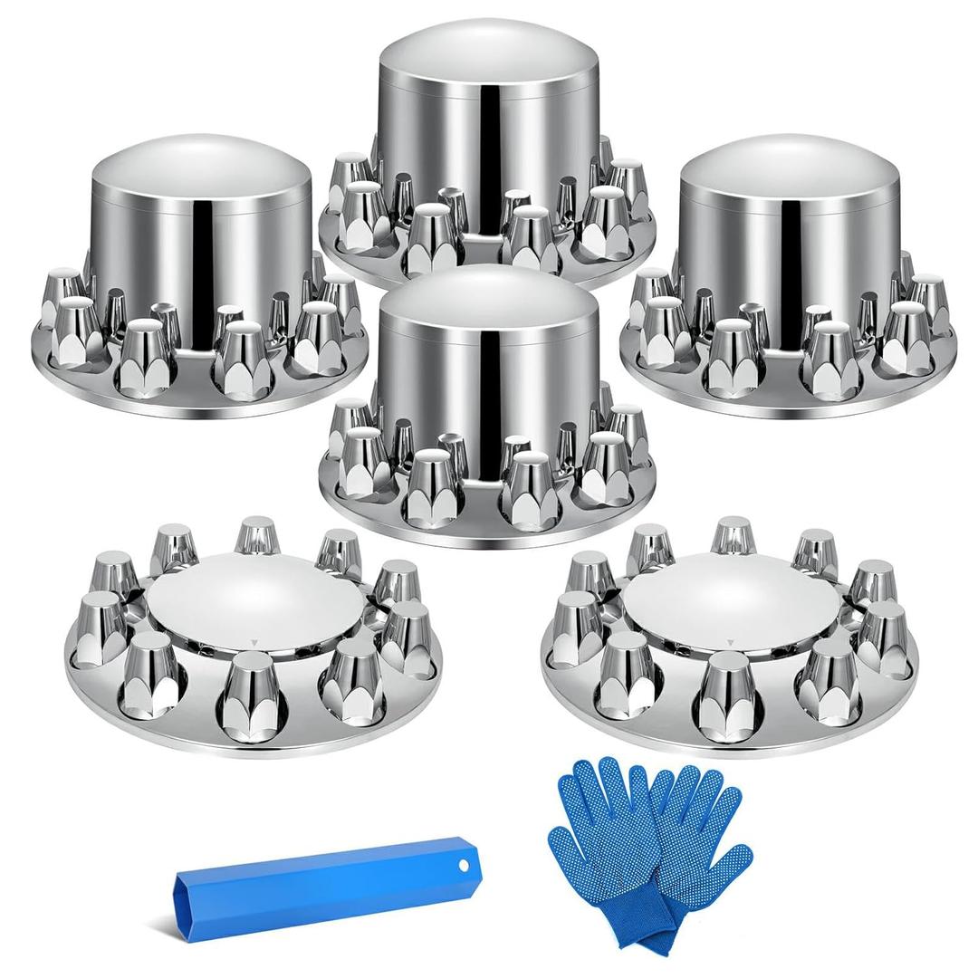33mm Chrome Axle Cover & Lug Nut Combo Kit  Thread-On Wheel Covers for Semi Trucks (2 Front + 4 Rear Caps)  Universal Fit, ABS Plastic, Screw-On Hub Caps  Durable & Removable Design