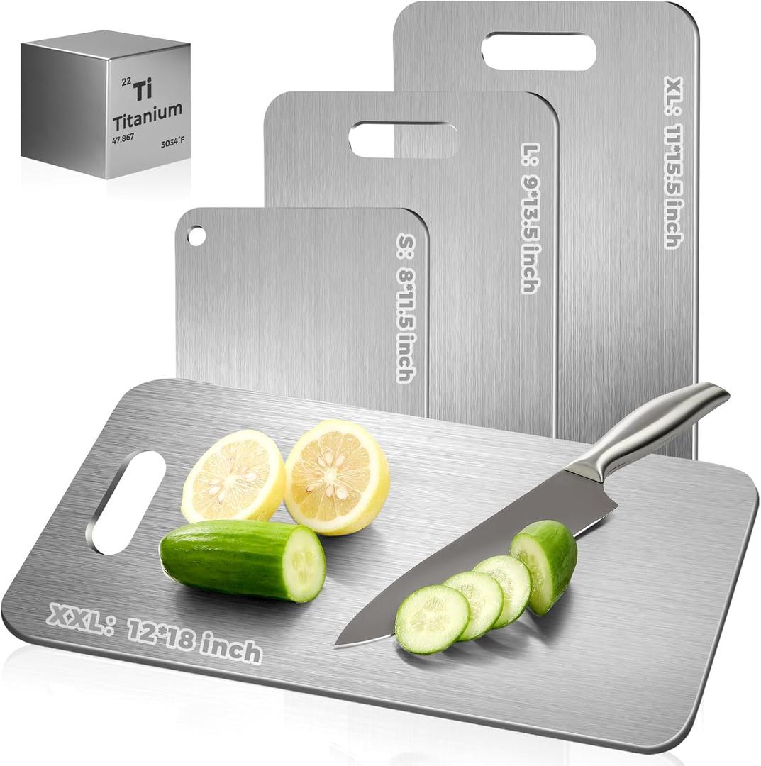 Katuchef Titanium Cutting Board - Upgraded 100% Pure Titanium Cutting Boards for Kitchen Non Toxic, Double-Grade Hygiene Durable Non Moldy Dishwasher Safe Meat Fruit Metal Board (2PC S+L)
