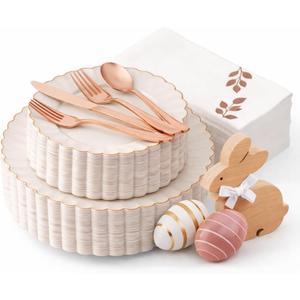 By Madee HEAVYWEIGHT 175Pc Easter Plates and Napkins Set | Fancy Disposable Dinnerware Set Ivory and Scalloped Disposable Plates with Rose God Trim, Cutlery & Linen-Feel Napkins (25 Guests)