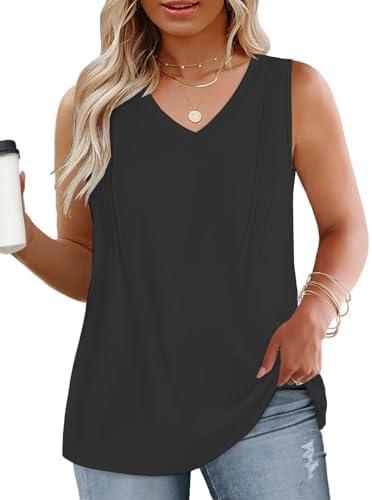 DOLNINE Plus-Size-Womens-Tank-Tops Summer V Neck Sleeveless Shirts Cute Flowy Pleated Blouses Casual Loose Fit Tunics XL