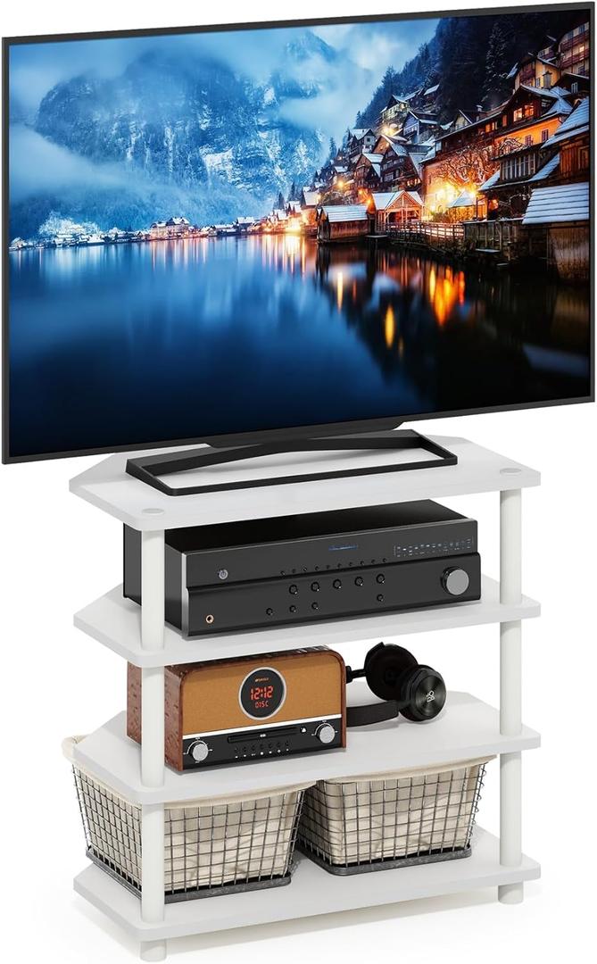 Furinno ECON TV Stand, 4-Tier Corner Petite Entertainment Center, Open Frame TV Console for TV up to 32 Inch, Easy Assembly, for Living Room, Bedroom, White