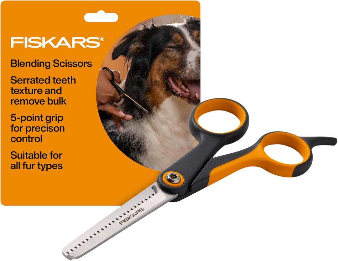 Fiskars Pet, Dog and Cat Grooming Scissors, Serrated Teeth for Thinning & SoftGrip Handle, Cat and Dog Supplies, 6.5, Orange/Black, Blending Scissors