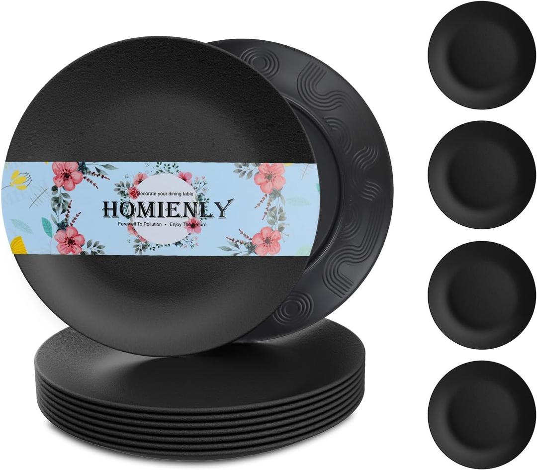 2 x Homienly Dinner Plates Set of 8 Unbreakable Wheat Straw Plates with Textured Design - Microwave & Dishwasher Safe - Perfect for Camping, Kitchen Use - Black, 9 inch