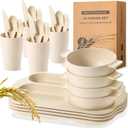Honoson 24 Pcs Wheat Straw Dinnerware Cutlery Set Including Divided Plates Microwave Dishwasher Safe Bowl Unbreakable Tableware Straw Cutlery Spoon Knife Fork Cup(Beige)