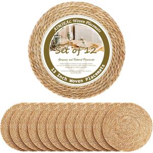 13 Inch Placemats Set of 12, Boho Round Rattan Place Mats for Dining Table Decor, Rustic Woven Chargers for Dinner Plates, Outdoor Patio, Farmhouse Wedding, Water Hyacinth Wicker Braided Placemat