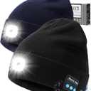 Bluetooth Beanie Hat with Light for Men 2 Pack, LED Beanie with Light Built in Unisex USB Rechargeable, Headlamp Cap with Wireless Headphones Built-in Speaker Mic Gifts for Men Dad Teen (Black+Navy)