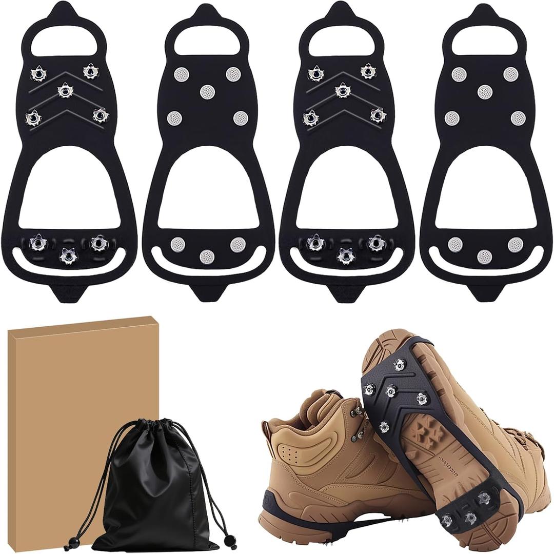2 Pairs Ice Cleats for Shoes and Boots, Universal Non Slip Hiking Spikes, Micro Shoe Spikes for Snow and Ice, Durable Snow Crampons for Winter Hiking Climbing Ice Fishing, 8 Steel Studs Gripper Spike, M: Women / Men
