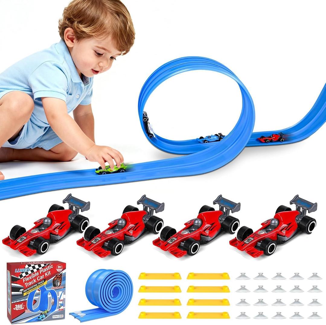 Plastic Flexible Race Car Track for Kids Toy with 20 Suction Cups & 8 Yellow Gasket Compatible with 4 Alloy Diecast 1:64 Cars Toys,13FT Rolls Up Portable Flex Track Racetrack Toy for 3 Up Years Old
