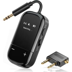 Airplane Bluetooth 5.3 Audio Transmitter with Qualcomm aptX Adaptive, LCD Display, Dual Device Support, 30Hr Battery, 3.5mm AUX for Travel, Flight, Gym