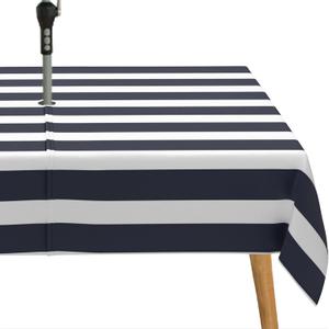 Navy Blue Strips Print Outdoor Tablecloth with Umbrella Hole for Rectangle Table, Waterproof Navy Blue Patio Table Cloth with Zipper - 60 x 84 inches
