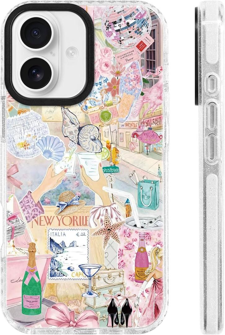 for iPhone 16 Case [Military-Grade Drop Protection/Glamorous Soft TPU Protective/Camera Protection/for Women & Girls]-Pink Dream Hand-Painted Fashion Collage