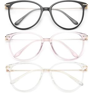 Gaoye Blue Light Blocking Glasses - Trending Round TR90 Frames, Metal Arms, UV400 Protection - Matching Soft Case (3-black+pink+transparent)