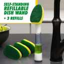 Libman Dishmatic I-Stand Dish Wand Kit, Kitchen Cleaning Scrub Brush with Handle and Soap Dispenser for Scrubbing and Washing Dishes, Refillable Standing Dispensing Scrubber Brushes, 3 Sponge Refills