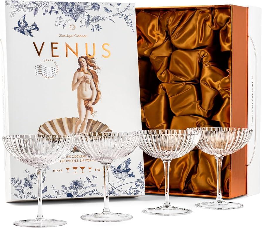 Venus Seashell Coupe Cocktail Glasses | Set of 4 | 8 oz Crystal Ribbed Champagne Saucers for Drinking P-Star and Espresso Martini, Margarita, Daiquiri, Cosmopolitan, Gimlet | Elegant Gift Glassware