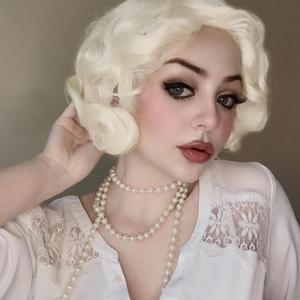 Blonde Short Curly Lace Front Wig for Women Side Part Wig Finger Wave Synthetic Heat Resistant Wigs for Cosplay Costume Daily Use (Gold)