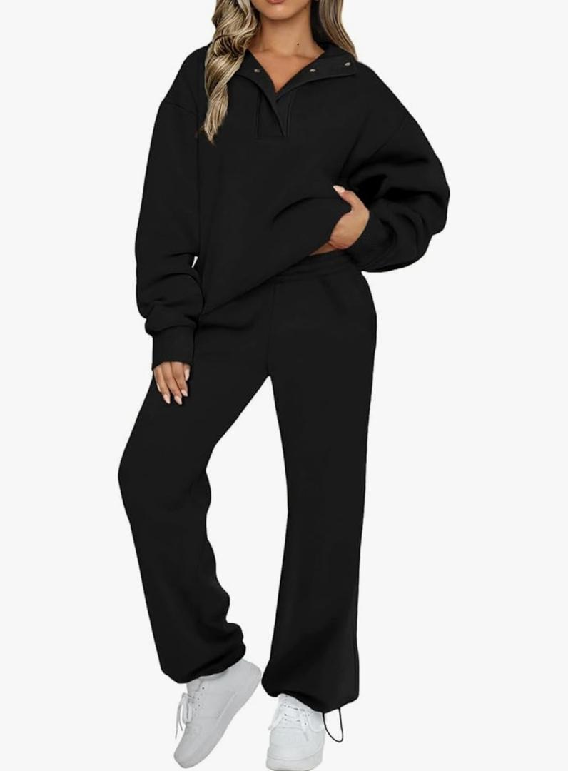 Aleumdr Womens 2 Piece Outfits Fleece Sweatsuit Lounge Set Snap Button Long Sleeve Sweatshirt with Wide Leg Sweatpants, Medium