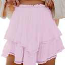 Flowy Shorts for Women Casual Boho Ruffle Tiered Skorts High Waist Mini Skirts Golf Tennis Crochet Shorts (Medium, All Sakura Pink)