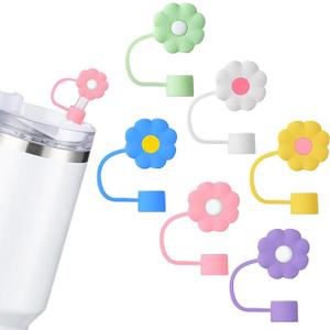 Sciencolab Glass Straw for Drinking, Straight, 210X8mm long, Clear Transparent Drinking Glass Straws for Cocktails, Mocktails, and other Drinks, Pack of 5 with Cleaning Brush  And  6Pcs Straw Covers Cap Toppers, 0.4in /10mm Straws Cap for 20&30&40oz Tumbler Drinking Cup with Handle, Reusable Cute Silicone Tips Lids Protectors for Water Bottle Accessories, Flower Shape