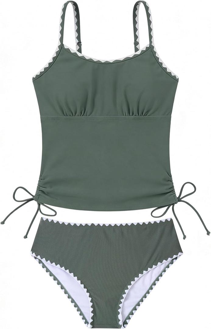 Funnycokid Teen Girls Swimsuit Padded Bathing Suit 2 Piece Tankini Contrast Trim Ruched Design Swimwear (13-14 Years, Green)