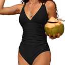 Charmo Tummy Control One Piece Swimsuits for Women Ruched Bathing Suits Strappy V Neck Monokini (Large, #1a Black)