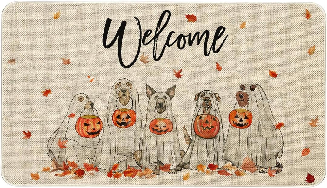 Roszwtit Fall Door Mat 30 X 17 Inch Fall Halloween Dog Welcome Doormat Indoor Outdoor Entrance Floor Mat Non Slip Autumn Halloween Decor Rubber Mats